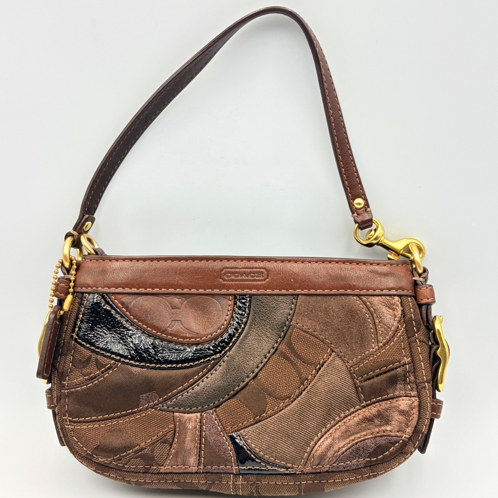 Vintage Coach Zoe Patchwork Y2K Mini Bag Metallic Gold Brown Top Handle Wristlet - Picture 3 of 15